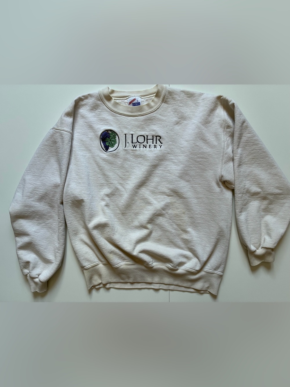 Vintage Jerzees Cream Crewneck with J. Lohr Winery w/ Grape Embroidery - Large